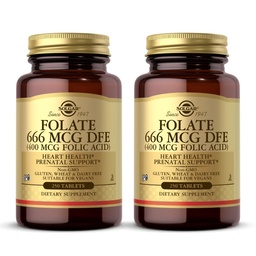 Solgar Folate 666 mcg DFE (Folic Acid 400 mcg) - 250 Δισκία, Συσκευασία των 2 - Προγεννητική Υποστήριξη - Μη ΓΤΟ, Vegan, Χωρίς γλουτένη, Χωρίς γαλακτοκομικά, Kosher - 500 Σύνολο Σερβιρίσματος