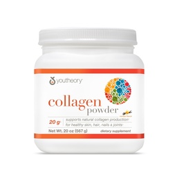 Youtheory Collagen Powder - με Αμινοξέα, Ορυκτά, Βιταμίνη C & B7 (Biotin) - Υποστηρίζει υγιή οστά, μύες, μαλλιά, νύχια, δέρμα & αρθρώσεις* - Hydrolyzed - Βανίλια - 20 oz (21 εξυπηρετούν)
