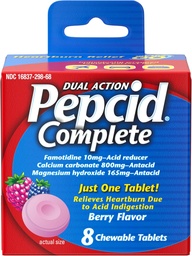Pepcid Complete Acid Reducer + Antacid for Acid Reflux, 10mg Famotidine, 800mg Ασβέστιο Ανθρακικό & 165mg Μαγνήσιο Υδροξείδιο ανά Heartburn Medicine Tablet, Αντιόξινα Μάσα, Berry, 8 ct