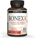 Bonex K Supplement|Vitamin D & K Kompleksi|Depres Kalp, Bones & Diş Sağlığı|2000IU Vitamin D3 & 75 • Vitamin K2|Non-GMO|Küçük & Easy to Swallow|60 Day Supply Chewable Tabletler