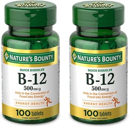 Nature's Bounty Vitamin B12, Υποστηρίζει τον Ενεργειακό Μεταβολισμό και το Νευρικό Σύστημα Υγεία, 500mcg, Δισκία, 100 Ct (Pack of 2)