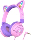 iClever Παιδικά ακουστικά Cat Ear, LED Light Up, 85dBA Safe Volume, Stereo Sound Toddler Ακουστικά για Travel School, αναδιπλούμενα 3.5mm Wired Kids Ακουστικά για iPad Tablets, Meow Lollipop - Pink