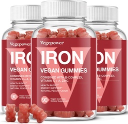Iron Gummies Συμπληρώματα για γυναίκες & παιδιά - Πολυβιταμίνη με σίδηρο για οξυγόνο αίματος, Μεγάλη γεύση Gummy Βιταμίνες με βιταμίνη C για μέγιστη απορρόφηση - Vegan Chewable, Ροδάκινο Γεύση (3 συσκευασίες)