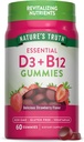 Doğanın Gerçek Vitamin D3 ve B12 Yetişkinler | 60 Kont | Strawberry Flavor | Vegetarian, Non-GMO & Gluten Free Supplement