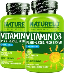 NATURELO Βιταμίνη D - 2500 IU - Φυτό με βάση από τη λειχήνα - Φυσικό συμπλήρωμα D3 για το ανοσοποιητικό σύστημα, υποστήριξη των οστών, κοινή υγεία - Vegan - Μη-ΓΤΟ - Χωρίς γλουτένη - 180 κάψουλες (πακέτο του 2)