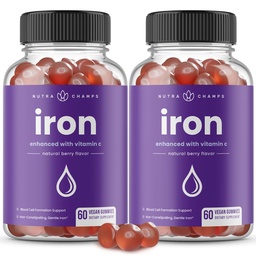 NutraChamps Iron Gummies with Vitamin C, 20mg Iron Blood Cell Formation Support, 120 Gummies for Iron Deciency & Anemia, Energy, Focus, Immune Boost Pack of 2