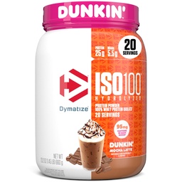 Dymatize x Dunkin' Mocha Latte ISO100 Whey Protein Powder, 95mg Caffeine, 25g πρωτεΐνης, 5.5g BCAAs, 120 Cal., Χωρίς γλουτένη, 1g λίπος, 1g ζάχαρη, 3g υδατάνθρακες (20 σερβίτσια)