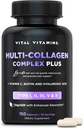Βιταμίνες Multi Collagen Complex Plus - με Βιοτίνη, Υαλουρονικό Οξύ, Βιταμίνη C - Τύπος I, II, III, V, X - για γυναίκες & άνδρες - Μαλλιά, δέρμα, νύχια Συγκρότημα ομορφιάς - 150 κάψουλες