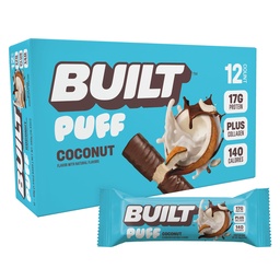 Χτισμένο Bar, Puff Protein Bars, Coconut Puff, 17g Snacks πρωτεΐνης, On-The-Go Bars, Μόνο 140 θερμίδες, 6g ζάχαρη, κολλαγόνο, χωρίς γλουτένη, 12 κόμης