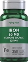 Piping Rock Iron Ferrous Sulfate 65 mg | 250 Tablets | Iron Supplement | High Potency Formula | Vegetarian, Non-GMO, Gluten Free
