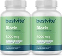 BESTVITE Biotin 5000mcg (240 κάψουλες χορτοφάγων) (120 x 2) - Δεν Stearates - Δεν Flow Agents - Vegan - Μη ΓΤΟ - Χωρίς γλουτένη - Μαλλιά, δέρμα, νύχια