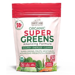 Χώρα Αγροκτήματα Super Greens Berry Flavor, 50 Βιολογικά Super Foods, USDA Βιολογικό Μείγμα Ποτών (Θρασύ χόρτο, Spirulina, Chlorella) Μανιτάρια & Προβιοτικά, με Φυτικές Ίνες, Ουλές Υγεία, Φυσική Ενέργεια, 30 Μερίδες